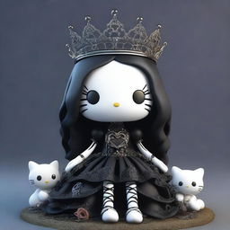 A high-quality 3D render of a gothic Hello Kitty doll, seated on a pile of intricately detailed bones