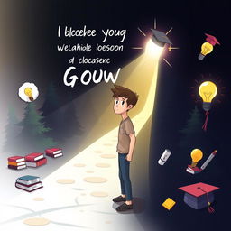 A vibrant and inspiring poster illustrating a young adult's journey of personal growth