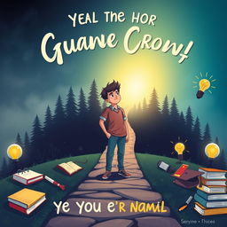 A vibrant and inspiring poster illustrating a young adult's journey of personal growth