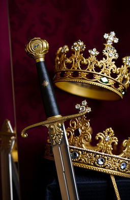 A beautifully crafted sword with an ornate hilt and a shiny blade, displayed alongside a regal crown adorned with sparkling jewels