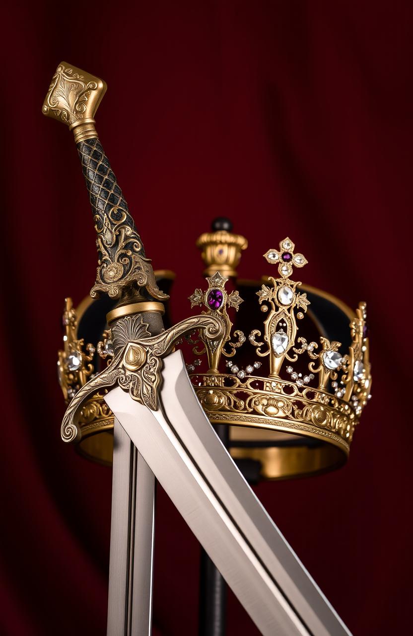 A beautifully crafted sword with an ornate hilt and a shiny blade, displayed alongside a regal crown adorned with sparkling jewels