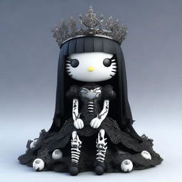 A high-quality 3D render of a gothic Hello Kitty doll, seated on a pile of intricately detailed bones