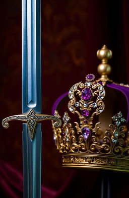 A beautifully crafted sword with an ornate hilt and a shiny blade, displayed alongside a regal crown adorned with sparkling jewels