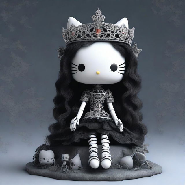 A high-quality 3D render of a gothic Hello Kitty doll, seated on a pile of intricately detailed bones