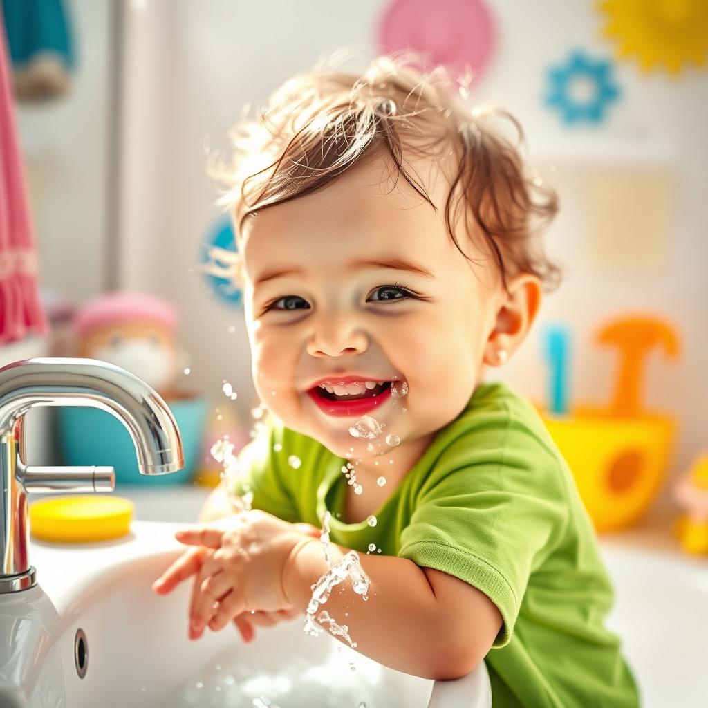 A vibrant and cheerful scene featuring a young child happily washing their face at a sink