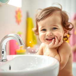 A vibrant and cheerful scene featuring a young child happily washing their face at a sink
