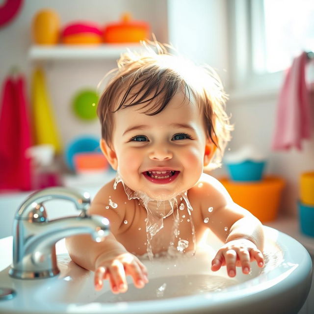 A vibrant and cheerful scene featuring a young child happily washing their face at a sink