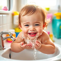 A vibrant and cheerful scene featuring a young child happily washing their face at a sink