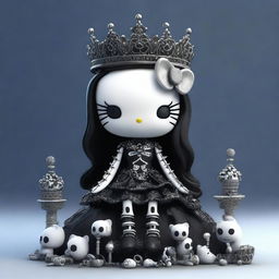 A high-quality 3D render of a gothic Hello Kitty doll, seated on a pile of intricately detailed bones