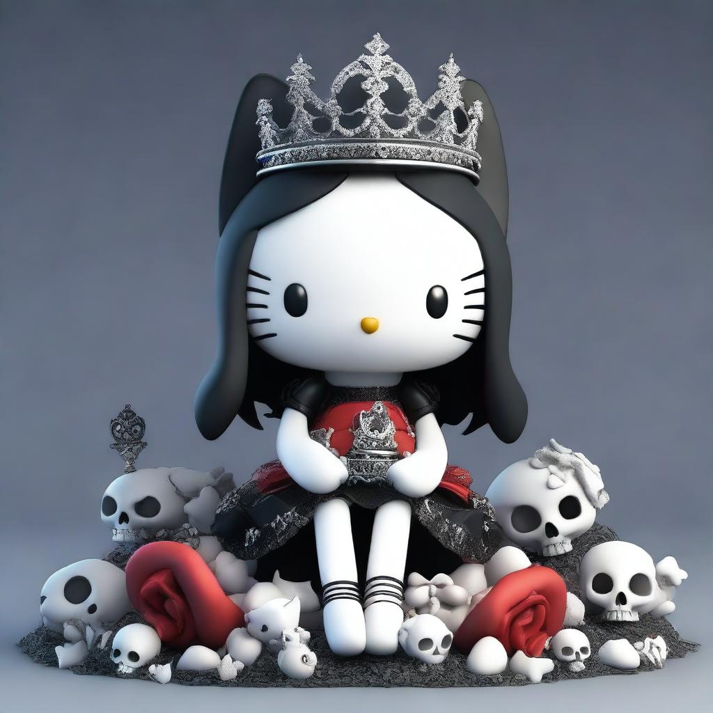 A high-resolution 3D render of a goth Hello Kitty sitting on a pile of meticulously detailed bones