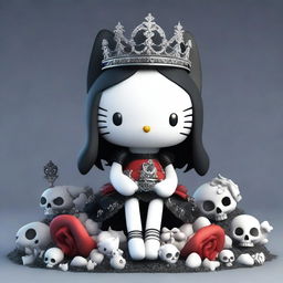 A high-resolution 3D render of a goth Hello Kitty sitting on a pile of meticulously detailed bones