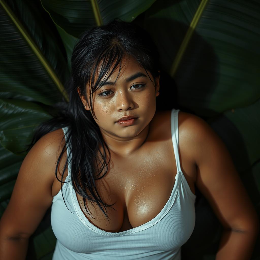 A young, cute, slightly chubby Balinese woman covered in sweat, lying on banana leaves outdoors during a dark night