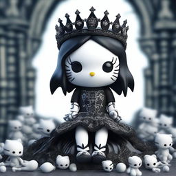 A high-resolution 3D render of a goth Hello Kitty sitting on a pile of meticulously detailed bones