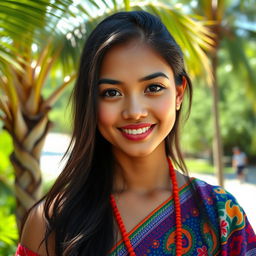 A beautiful 30-year-old woman from Nauru, featuring striking large eyes, wearing a vibrant traditional outfit that reflects the culture of Nauru, surrounded by a tropical landscape with lush greenery and palm trees