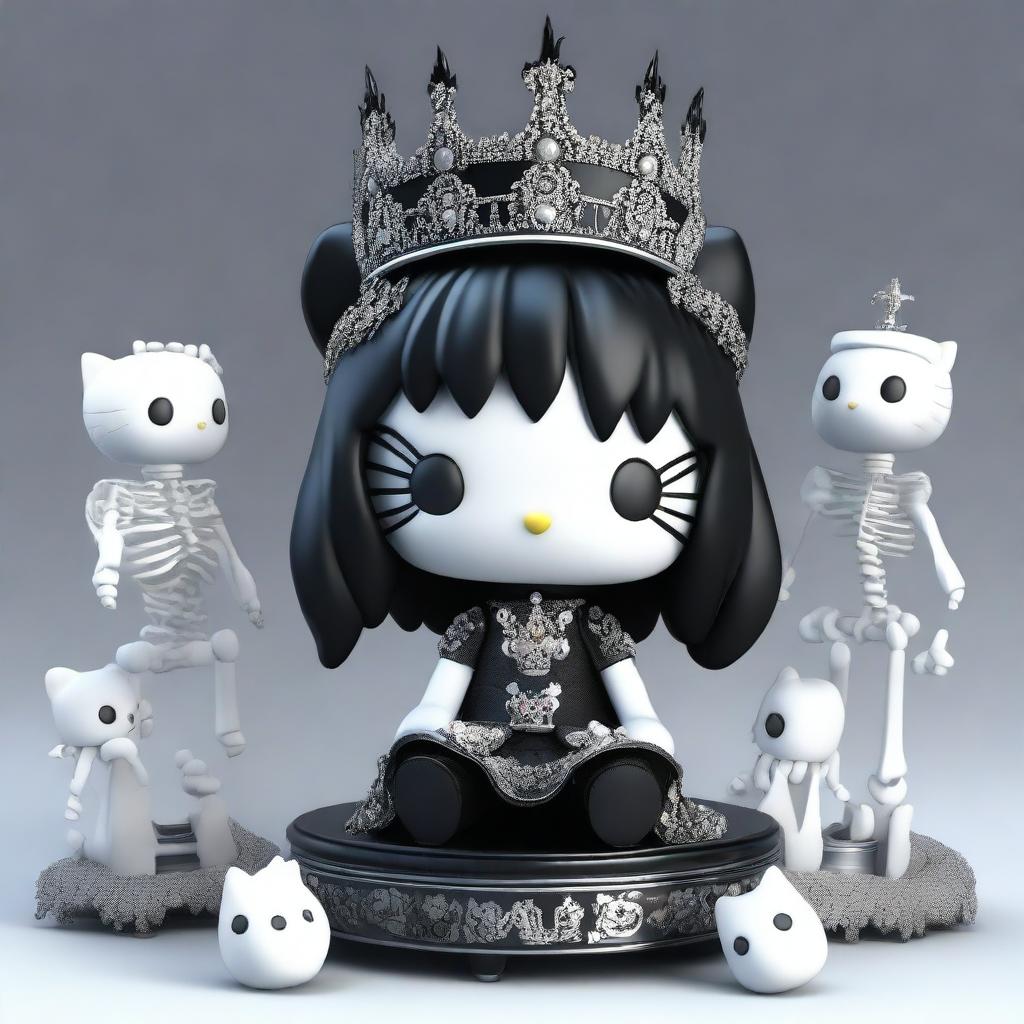 A high-resolution 3D render of a goth Hello Kitty sitting on a pile of meticulously detailed bones