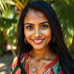 A beautiful 30-year-old woman from Nauru, featuring striking large eyes, wearing a vibrant traditional outfit that reflects the culture of Nauru, surrounded by a tropical landscape with lush greenery and palm trees
