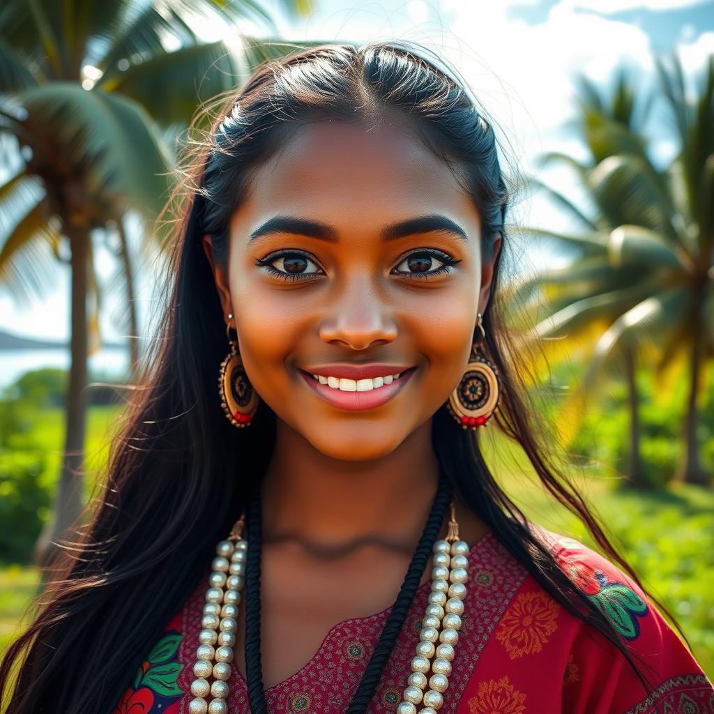 A beautiful 30-year-old woman from Nauru, featuring striking large eyes, wearing a vibrant traditional outfit that reflects the culture of Nauru, surrounded by a tropical landscape with lush greenery and palm trees