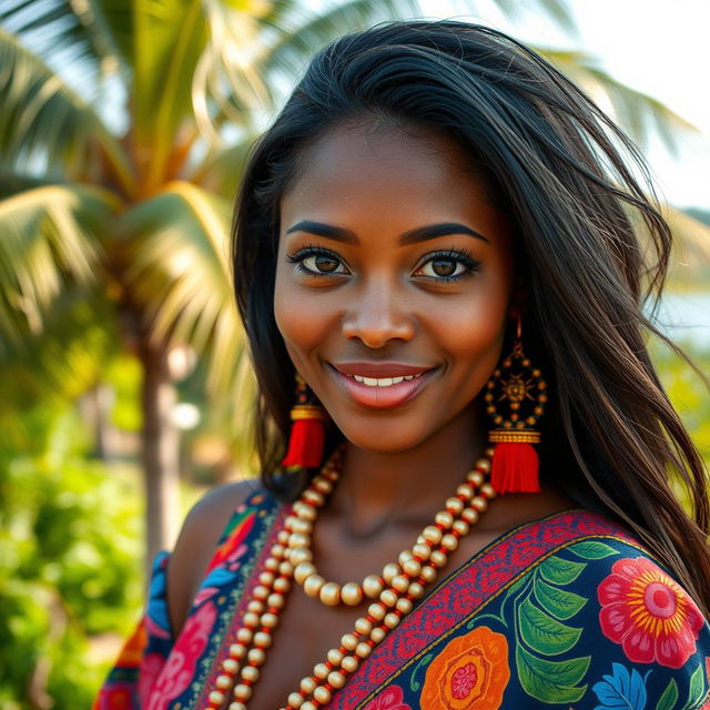 A beautiful 30-year-old woman from Nauru, featuring striking large eyes, wearing a vibrant traditional outfit that reflects the culture of Nauru, surrounded by a tropical landscape with lush greenery and palm trees