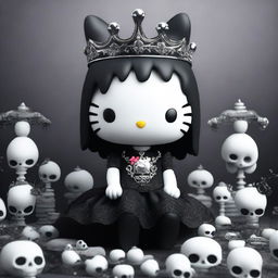 A high-resolution 3D render of a goth Hello Kitty sitting on a pile of meticulously detailed bones