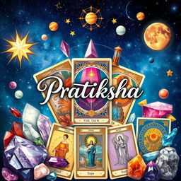 A vibrant and mystical collage featuring tarot cards, crystals, and astrological symbols