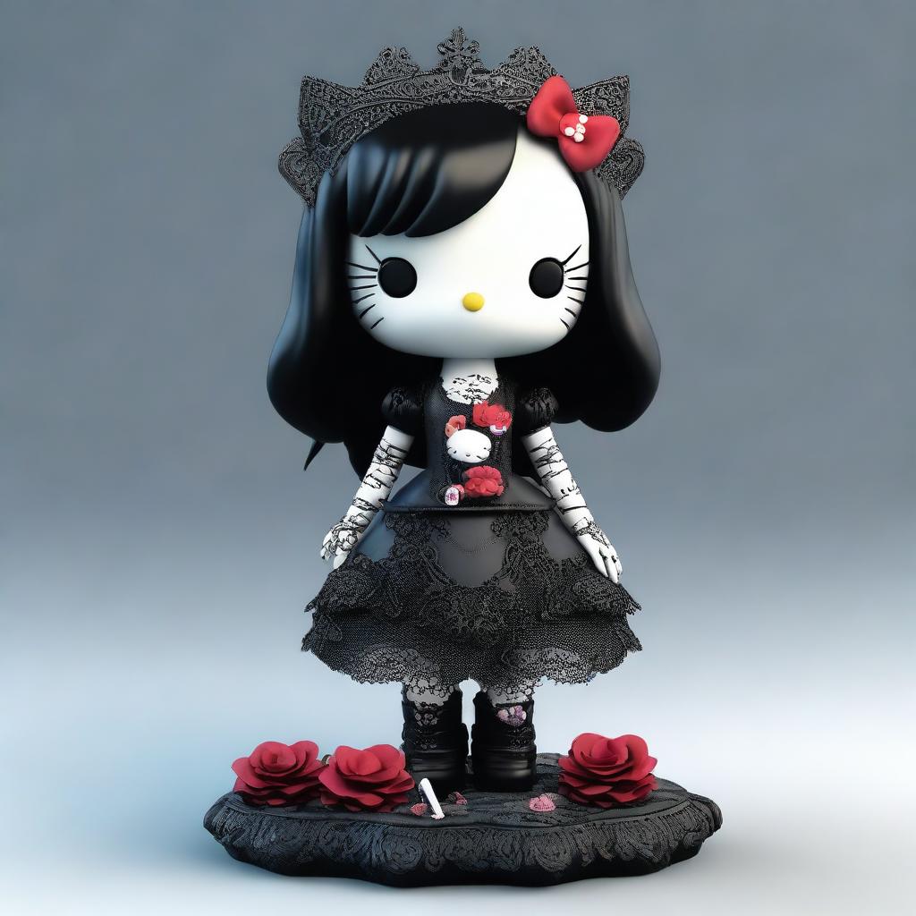 A high-quality 3D render of a standing Hello Kitty doll, dressed in intricate gothic attire