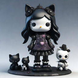 A high-quality 3D render of a standing Hello Kitty doll, dressed in intricate gothic attire