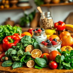 A vibrant and colorful spread of healthy foods, featuring an array of fresh fruits and vegetables such as bright red bell peppers, leafy green spinach, ripe bananas, and juicy oranges arranged artistically on a wooden table