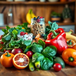 A vibrant and colorful spread of healthy foods, featuring an array of fresh fruits and vegetables such as bright red bell peppers, leafy green spinach, ripe bananas, and juicy oranges arranged artistically on a wooden table