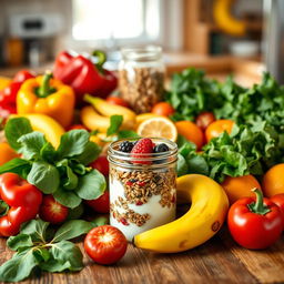 A vibrant and colorful spread of healthy foods, featuring an array of fresh fruits and vegetables such as bright red bell peppers, leafy green spinach, ripe bananas, and juicy oranges arranged artistically on a wooden table