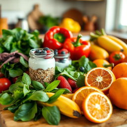 A vibrant and colorful spread of healthy foods, featuring an array of fresh fruits and vegetables such as bright red bell peppers, leafy green spinach, ripe bananas, and juicy oranges arranged artistically on a wooden table