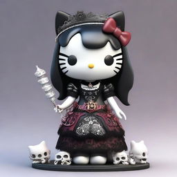 A high-quality 3D render of a standing Hello Kitty doll, dressed in intricate gothic attire