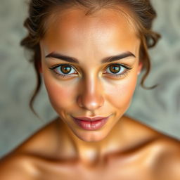 A beautiful 30-year-old woman from Nauru with stunning large eyes, facing front, showing her from the waist up