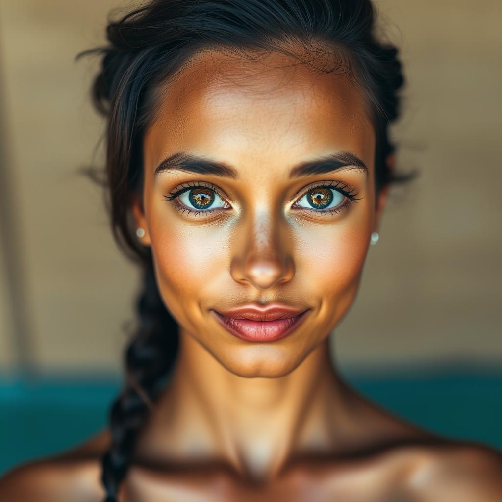 A beautiful 30-year-old woman from Nauru with stunning large eyes, facing front, showing her from the waist up