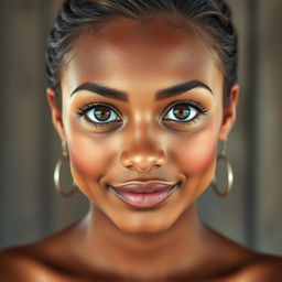 A beautiful 30-year-old woman from Nauru with stunning large eyes, facing front, showing her from the waist up