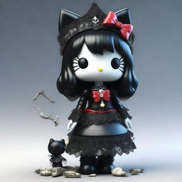 A high-quality 3D render of a standing Hello Kitty doll, dressed in intricate gothic attire