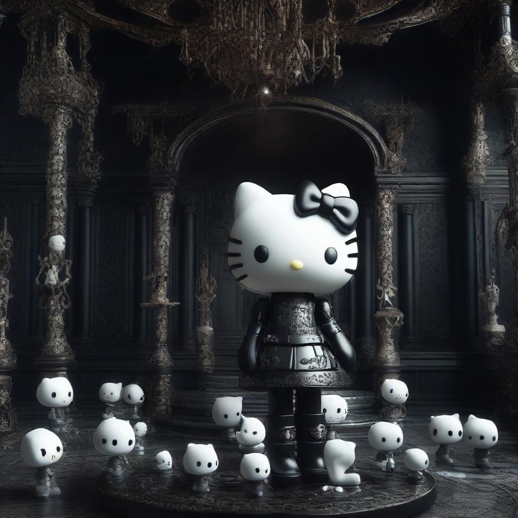 A high-quality 3D render of a Hello Kitty woman standing on a pile of detailed bones