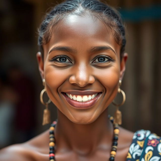 A beautiful 30-year-old woman from Nauru, facing directly at the camera with a warm and inviting smile