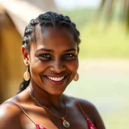 A beautiful 30-year-old woman from Nauru, facing directly at the camera with a warm and inviting smile