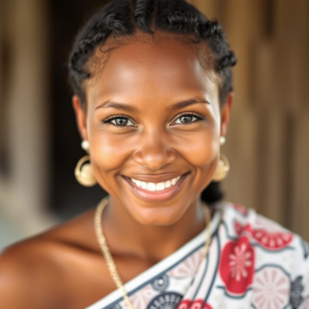 A beautiful 30-year-old woman from Nauru, facing directly at the camera with a warm and inviting smile