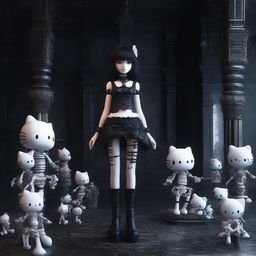 A high-quality 3D render of a Hello Kitty woman standing on a pile of detailed bones