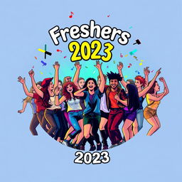 A vibrant and energetic logo design for a fresher's party, showcasing a diverse group of students joyously dancing together in a lively party atmosphere