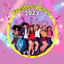 A vibrant and energetic logo design for a fresher's party, showcasing a diverse group of students joyously dancing together in a lively party atmosphere