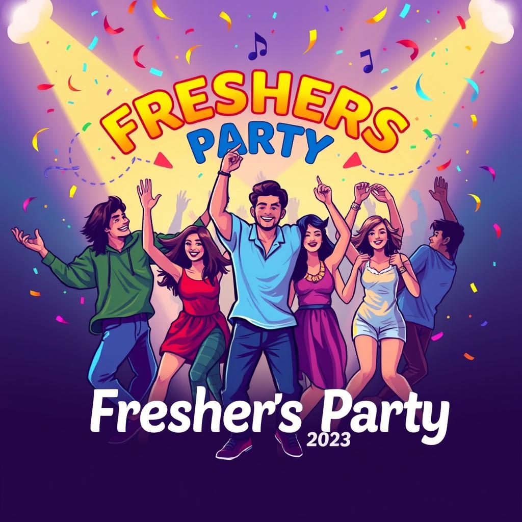 A vibrant and energetic logo design for a fresher's party, showcasing a diverse group of students joyously dancing together in a lively party atmosphere