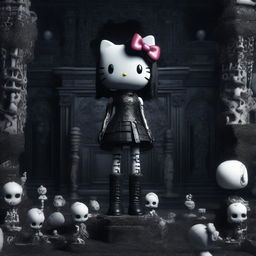 A high-quality 3D render of a Hello Kitty woman standing on a pile of detailed bones