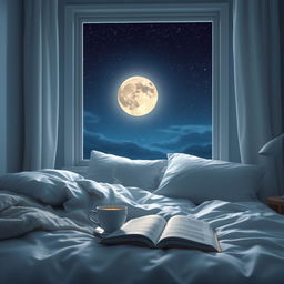 A peaceful and serene dreamscape depicting a soft and cozy bedroom with dim lighting