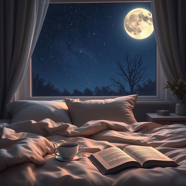 A peaceful and serene dreamscape depicting a soft and cozy bedroom with dim lighting