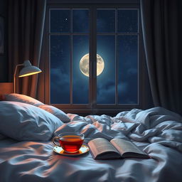 A peaceful and serene dreamscape depicting a soft and cozy bedroom with dim lighting