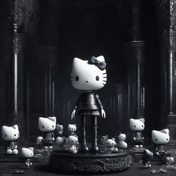 A high-quality 3D render of a Hello Kitty woman standing on a pile of detailed bones