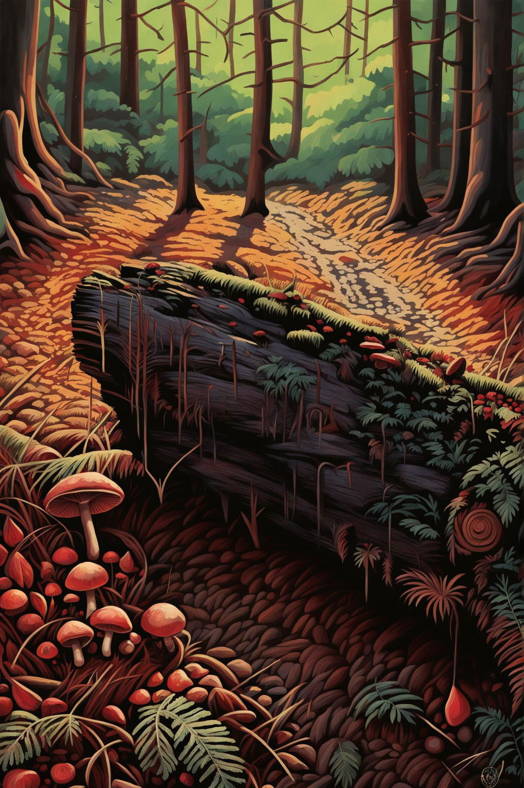 A high-quality digital art piece showing a detailed forest scene with a moss-covered log, vibrant red mushrooms, and small animal footprints in the soil