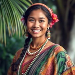Beautiful woman from Nauru, wearing traditional Nauruan attire, vibrant colors, intricate patterns, showcasing cultural heritage, friendly smile, natural setting with tropical greenery, confident and proud posture